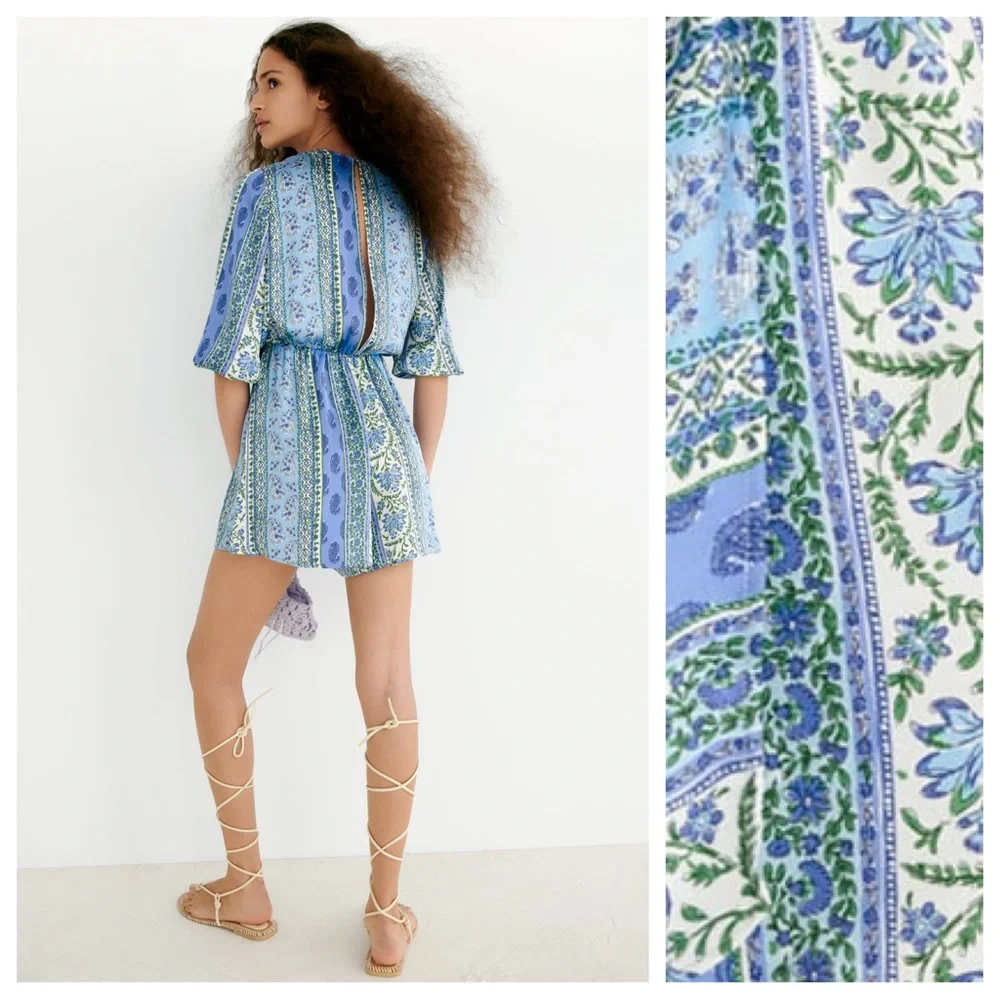 NWT. Zara Blue Patchwork Print Wrap-Around Jumpsuit - Picture 3 of 9